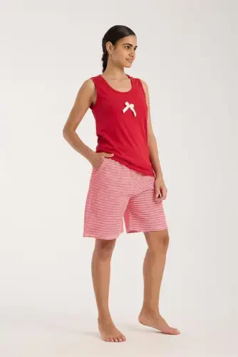 Akbeniz Women's Red Ribbon Detailed Striped Shorts Pajamas Set - 1