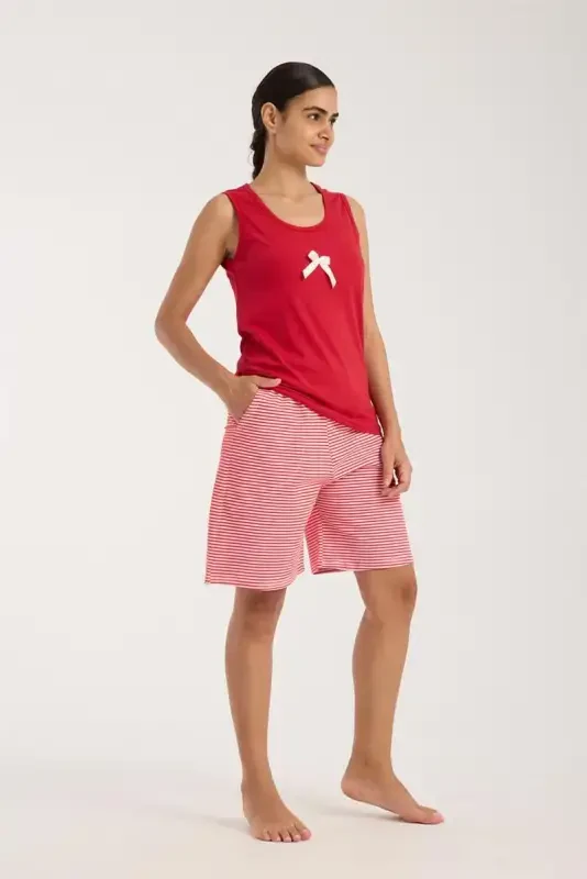 Akbeniz Women's Red Ribbon Detailed Striped Shorts Pajamas Set - 1