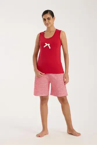 Akbeniz Women's Red Ribbon Detailed Striped Shorts Pajamas Set - 6