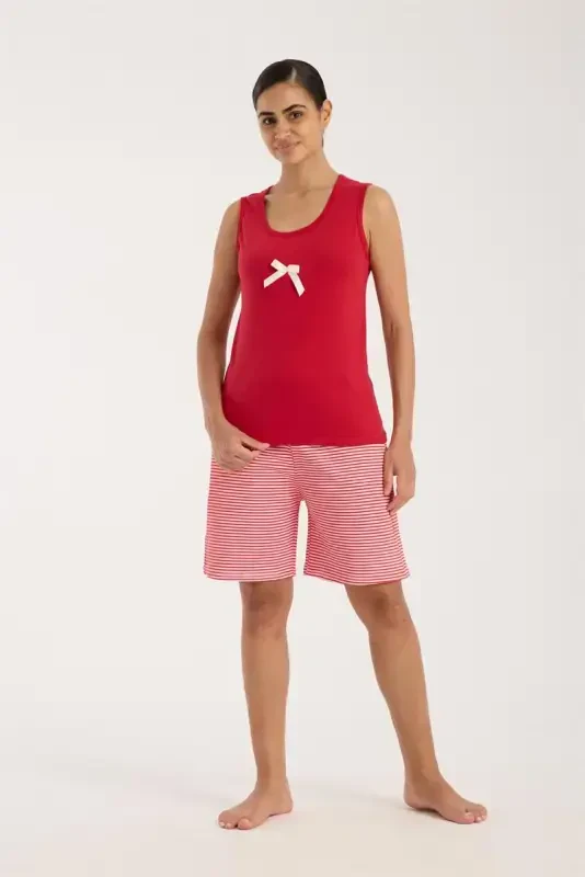 Akbeniz Women's Red Ribbon Detailed Striped Shorts Pajamas Set - 6