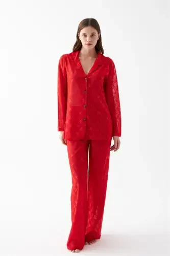 Akbeniz Women's Red Transparent Jacquard Buttoned Pajama Set - 6