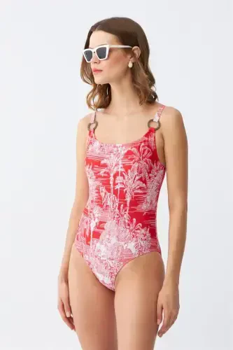 Akbeniz Women's Red Tropical Patterned Accessory Strap One Piece Swimsuit - 1
