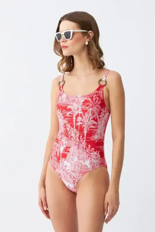 Akbeniz Women's Red Tropical Patterned Accessory Strap One Piece Swimsuit - 1