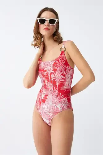 Akbeniz Women's Red Tropical Patterned Accessory Strap One Piece Swimsuit - 4