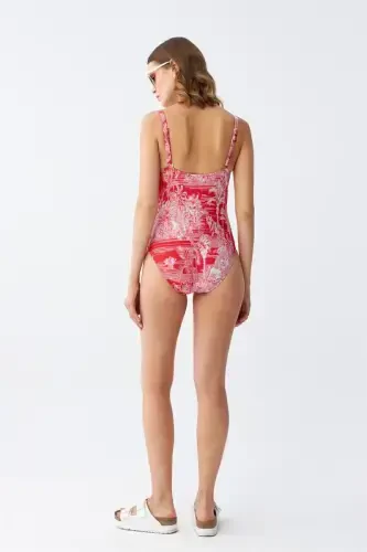 Akbeniz Women's Red Tropical Patterned Accessory Strap One Piece Swimsuit - 5