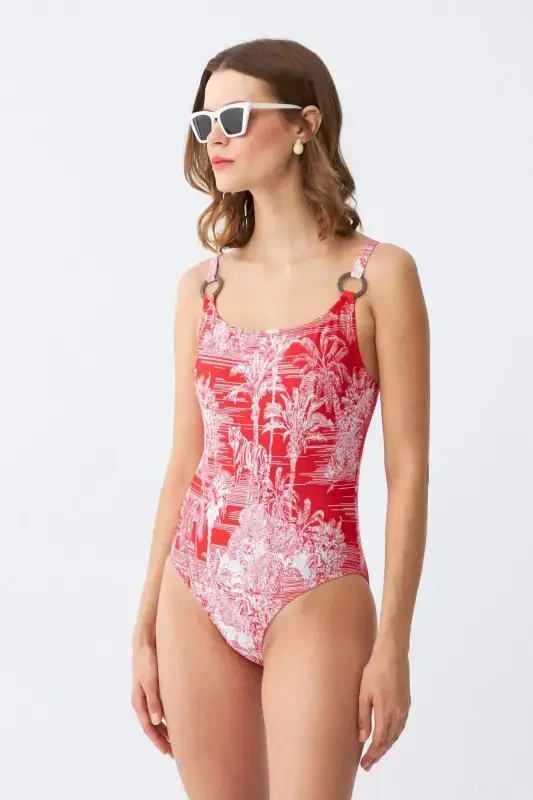 Akbeniz Women's Red Tropical Patterned Accessory Strap One Piece Swimsuit - BÜYÜKBEDENIZ