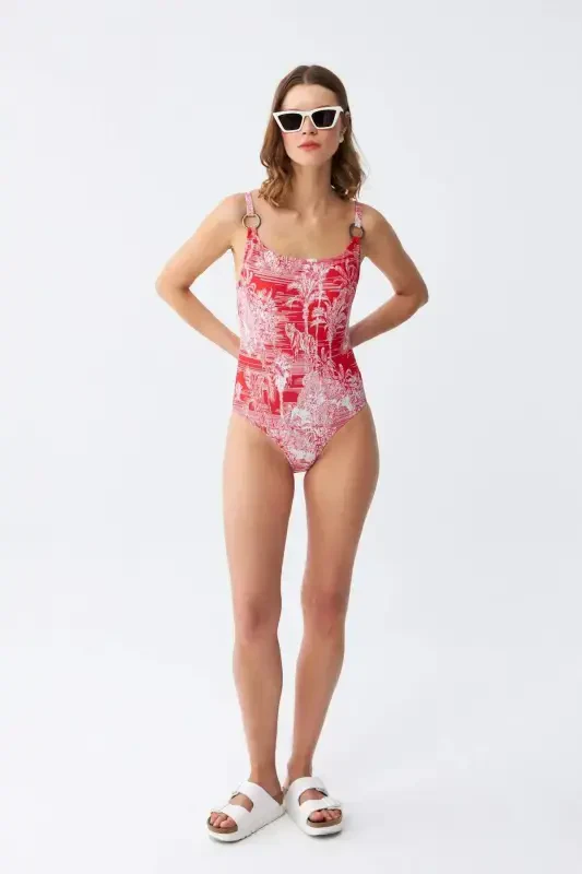 Akbeniz Women's Red Tropical Patterned Accessory Strap One Piece Swimsuit - 2