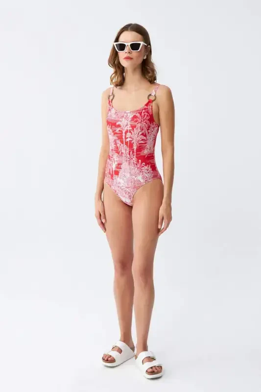 Akbeniz Women's Red Tropical Patterned Accessory Strap One Piece Swimsuit - 3