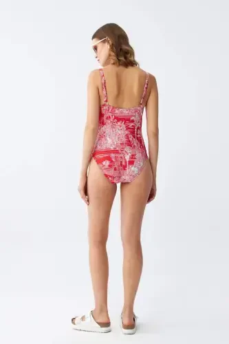 Akbeniz Women's Red Tropical Patterned Accessory Strap One Piece Swimsuit - 5