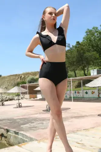 Akbeniz Women's Ruffled High Waist Black Bikini 35001 - 4