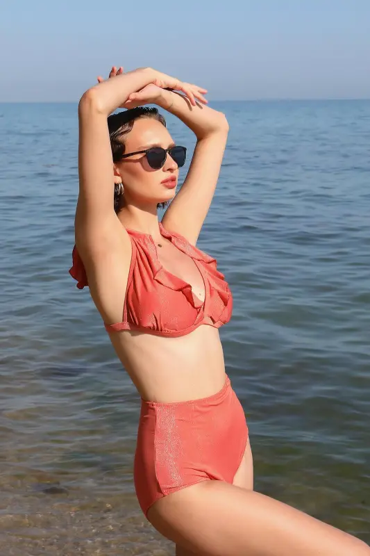 Akbeniz Women's Ruffled High Waist Brick Red Bikini Set 35010 - 1