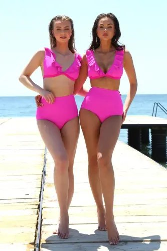 Akbeniz Women's Ruffled High Waist Fuchsia Bikini 35001 - 3