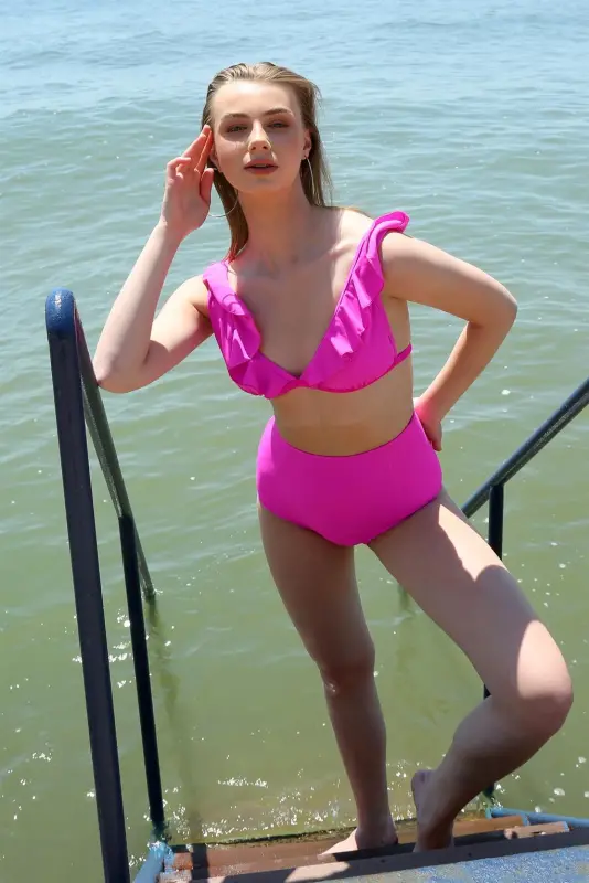 Akbeniz Women's Ruffled High Waist Fuchsia Bikini 35001 - 6