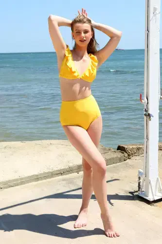 Akbeniz Women's Ruffled High Waist Yellow Bikini 35001 - 3