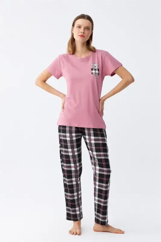 Akbeniz Women's Salmon Bear Printed Plaid Jersey Pajama Set - 3