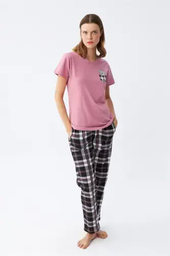 Akbeniz Women's Salmon Bear Printed Plaid Jersey Pajama Set - 5