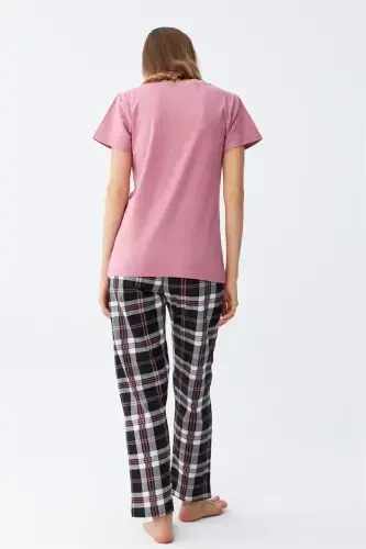 Akbeniz Women's Salmon Bear Printed Plaid Jersey Pajama Set - 7