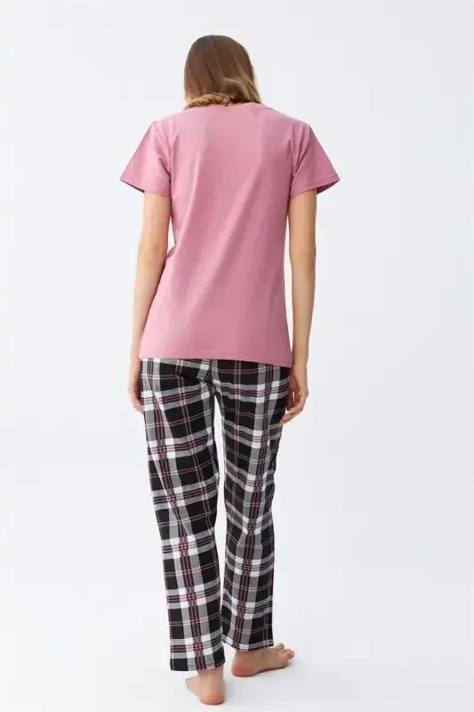 Akbeniz Women's Salmon Bear Printed Plaid Jersey Pajama Set - 7