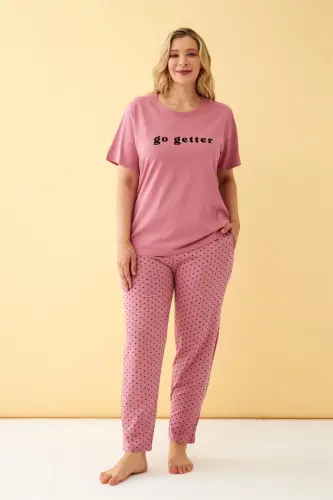 Akbeniz Women's Salmon Go Getter Printed Plus Size Pajamas Set - 1