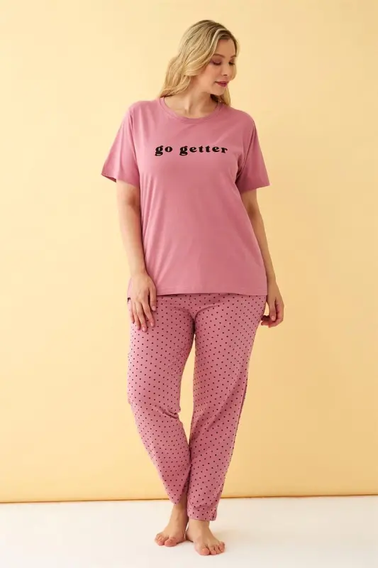 Akbeniz Women's Salmon Go Getter Printed Plus Size Pajamas Set - 3