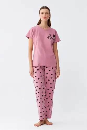 Akbeniz Women's Salmon Heart Patterned Short Sleeve Knit Pajama Set - AKBENIZ (1)