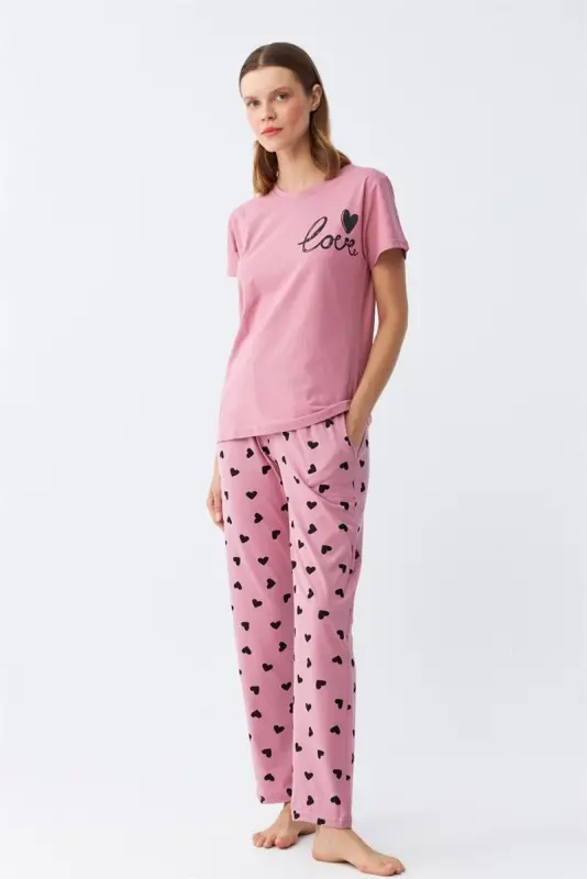 Akbeniz Women's Salmon Heart Patterned Short Sleeve Knit Pajama Set - 3