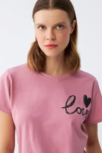 Akbeniz Women's Salmon Heart Patterned Short Sleeve Knit Pajama Set - 4