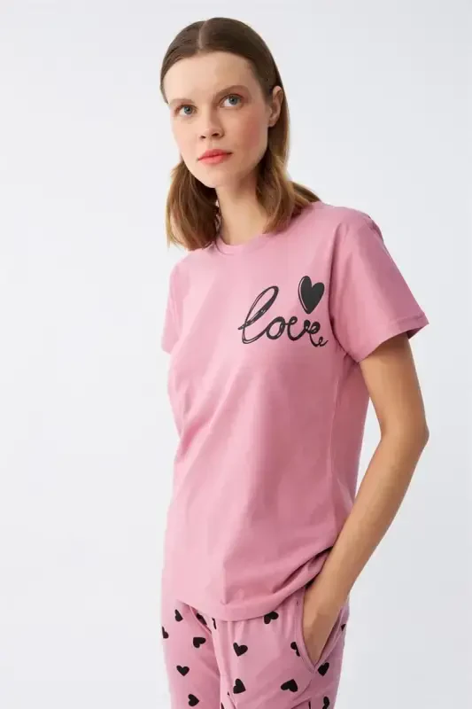 Akbeniz Women's Salmon Heart Patterned Short Sleeve Knit Pajama Set - 6