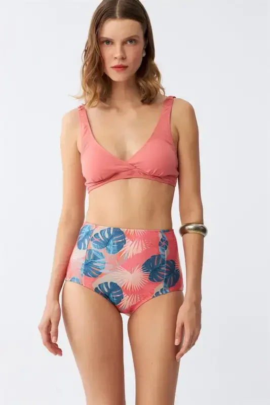 Akbeniz Women's Salmon Padded Top and Tropical Patterned High Waist Bikini Set - 1