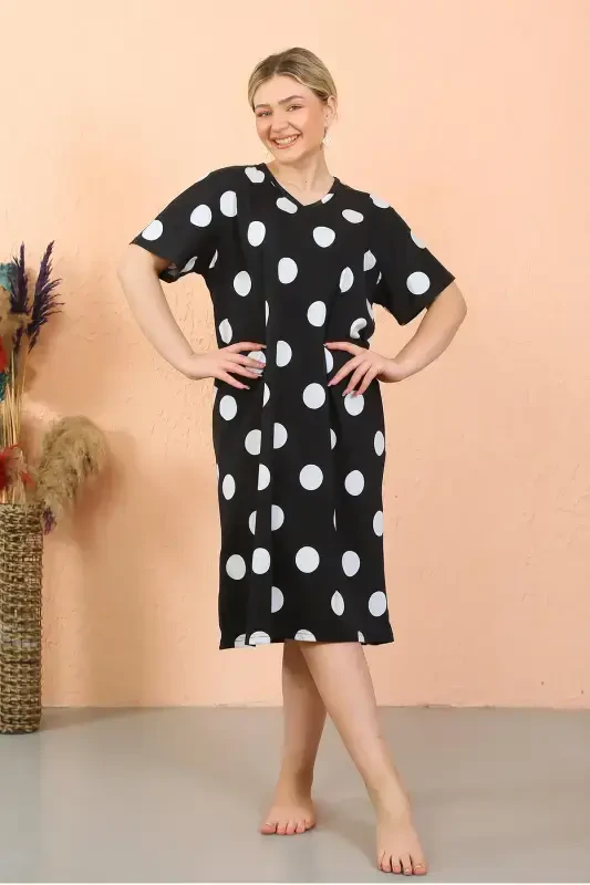 Akbeniz Women's Short Sleeve Below Knee Over Size Home Dress - Nightgown 93411 - 2