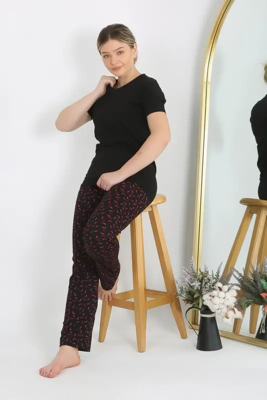 Akbeniz Women's Short Sleeve Cotton Jersey Pajama Set Black 4214 - 1