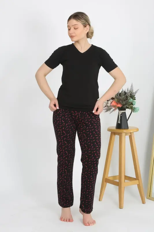 Akbeniz Women's Short Sleeve Cotton Jersey Pajama Set Black 4214 - 2