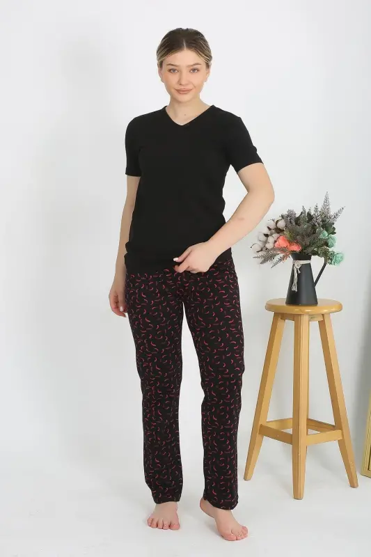 Akbeniz Women's Short Sleeve Cotton Jersey Pajama Set Black 4214 - 3