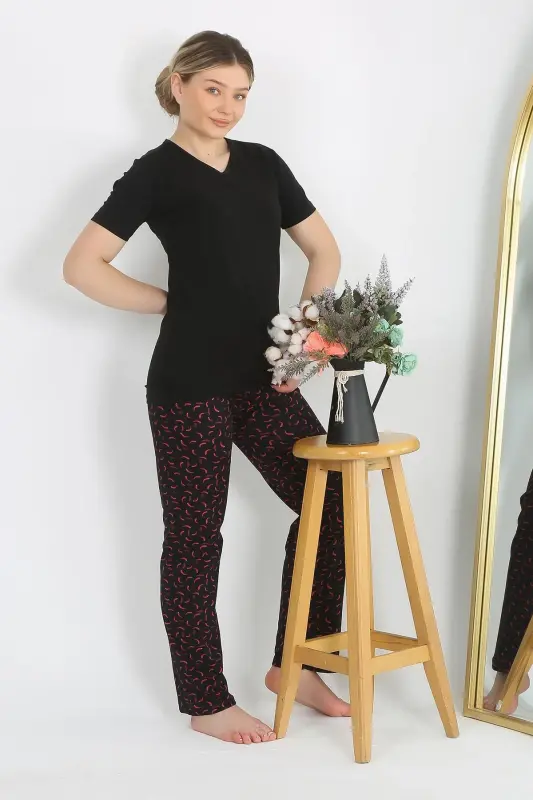 Akbeniz Women's Short Sleeve Cotton Jersey Pajama Set Black 4214 - 6