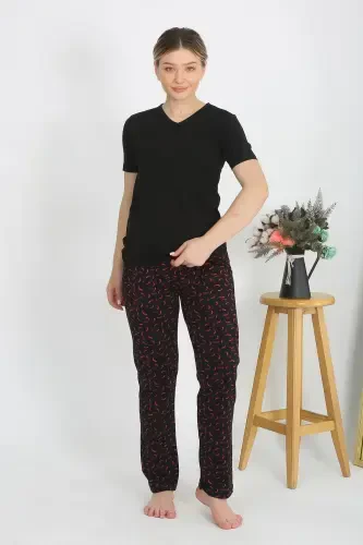 Akbeniz Women's Short Sleeve Cotton Jersey Pajama Set Black 4214 - 3
