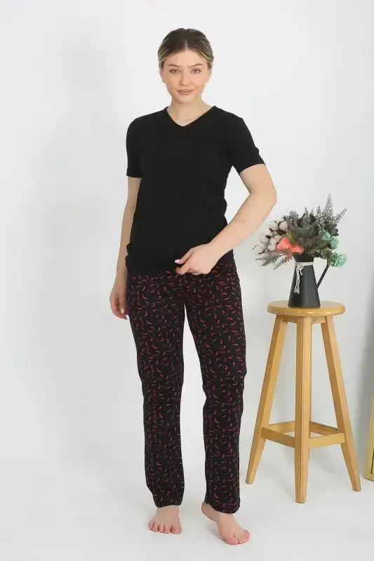 Akbeniz Women's Short Sleeve Cotton Jersey Pajama Set Black 4214 - 3