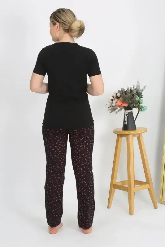 Akbeniz Women's Short Sleeve Cotton Jersey Pajama Set Black 4214 - 4