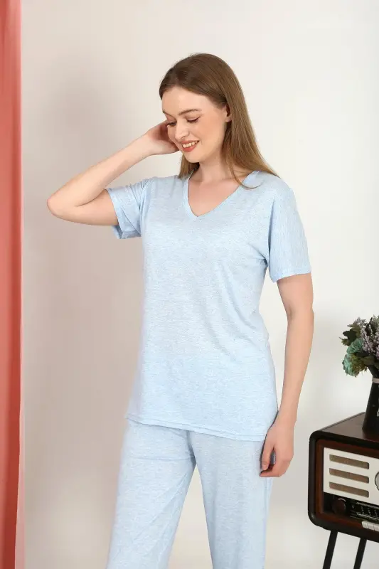 Akbeniz Women's Short Sleeve Cotton Jersey Pajama Set Blue 4213 - 5