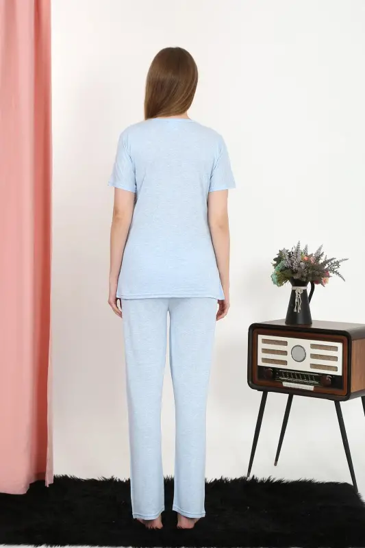 Akbeniz Women's Short Sleeve Cotton Jersey Pajama Set Blue 4213 - 6