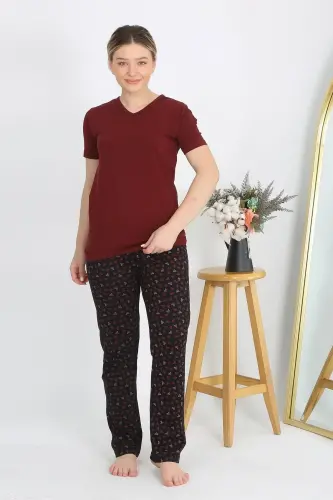 Akbeniz Women's Short Sleeve Cotton Jersey Pajama Set Burgundy 4214 