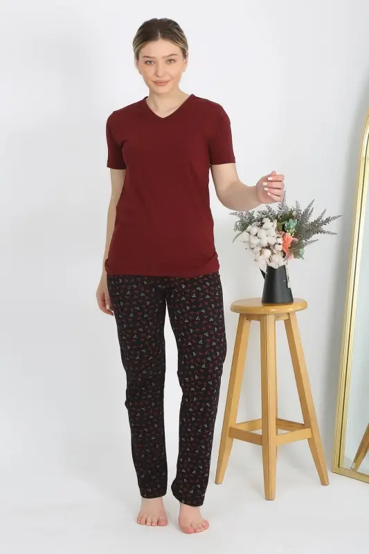 Akbeniz Women's Short Sleeve Cotton Jersey Pajama Set Burgundy 4214 - 4
