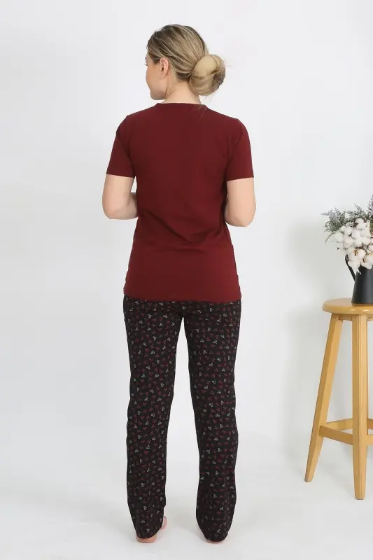 Akbeniz Women's Short Sleeve Cotton Jersey Pajama Set Burgundy 4214 - 7