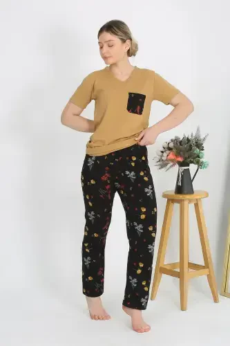 Akbeniz Women's Short Sleeve Cotton Jersey Pajama Set Mustard 4214 - 2