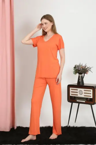 Akbeniz Women's Short Sleeve Cotton Jersey Pajama Set Orange 4213 - 2