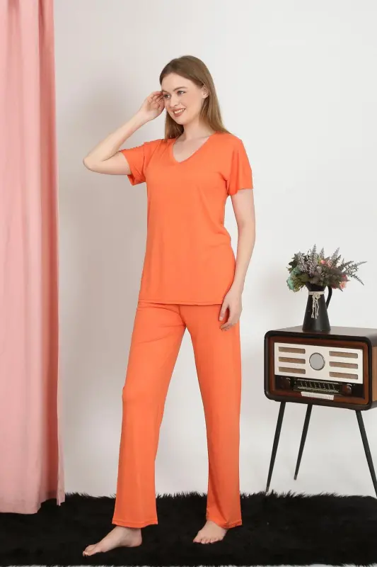 Akbeniz Women's Short Sleeve Cotton Jersey Pajama Set Orange 4213 - 2