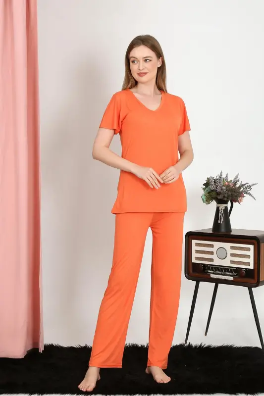 Akbeniz Women's Short Sleeve Cotton Jersey Pajama Set Orange 4213 - 4