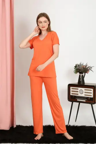 Akbeniz Women's Short Sleeve Cotton Jersey Pajama Set Orange 4213 - 5