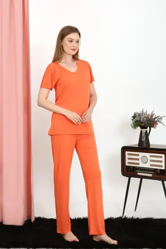 Akbeniz Women's Short Sleeve Cotton Jersey Pajama Set Orange 4213 - 6