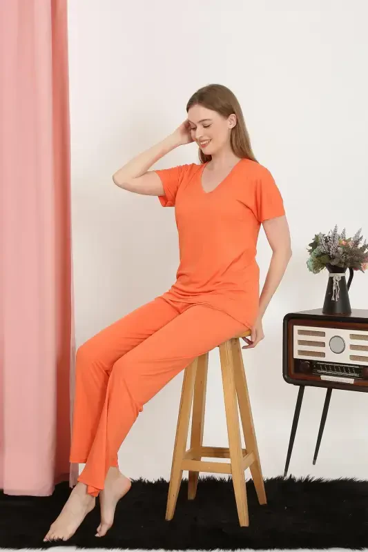 Akbeniz Women's Short Sleeve Cotton Jersey Pajama Set Orange 4213 - 1