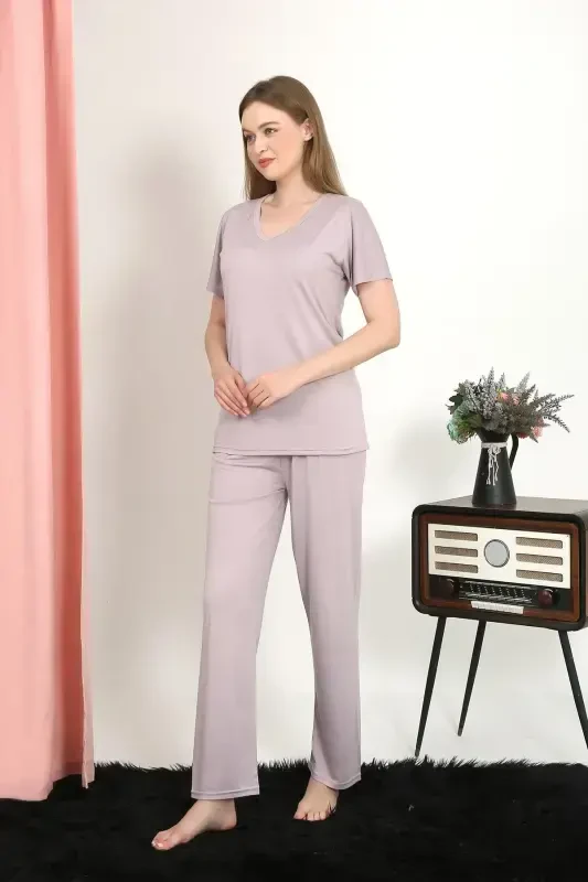 Akbeniz Women's Short Sleeve Cotton Jersey Pajama Set Powder 4213 - AKBENIZ